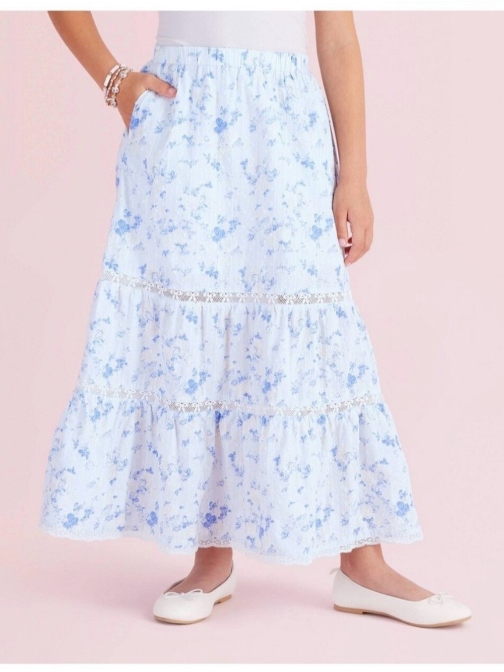 LoveShackFancy NWT Girls' Isla Blooming Heirloom Ditsy Tiered Maxi Skirt - 10
